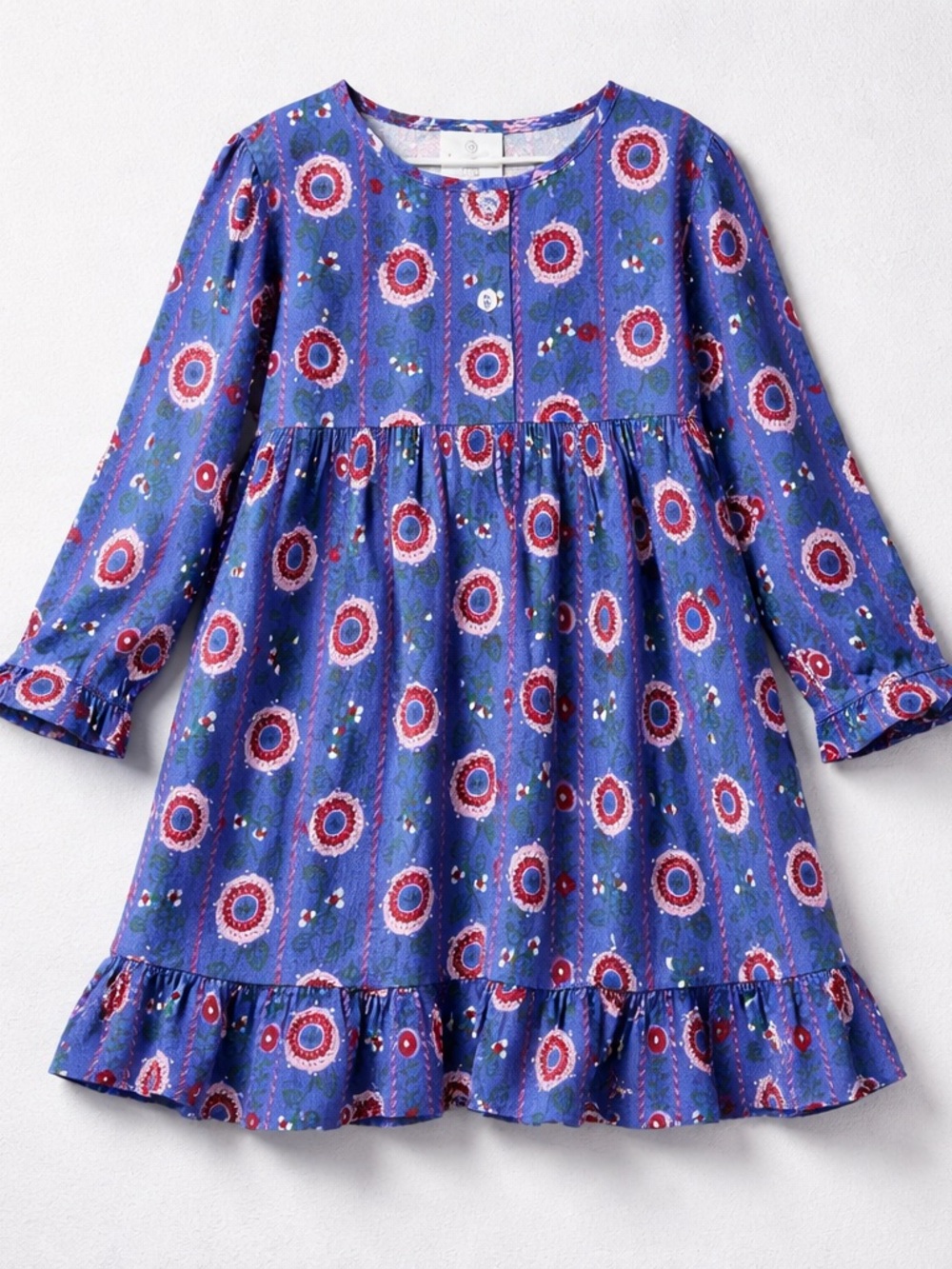 Hanna Andersson blue and pink floral long sleeve ruffle hem dress size 5 (110)